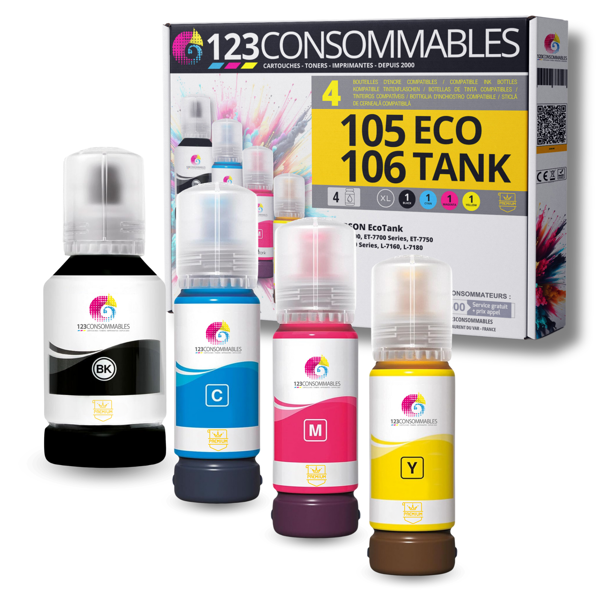 Pack compatible avec EPSON 105/106 ECOTANK, 4 bouteilles d'encre